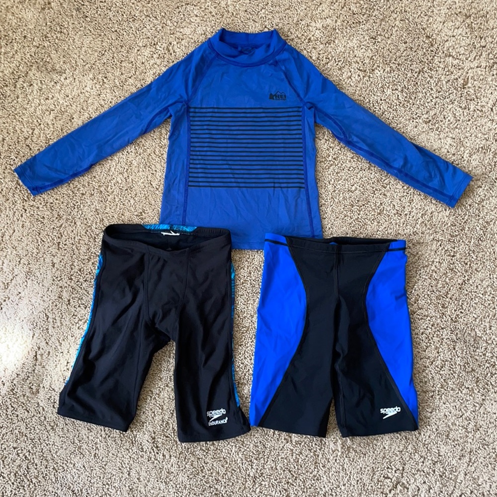 REI Rash guard and 2 pair of Speedo Swim shorts